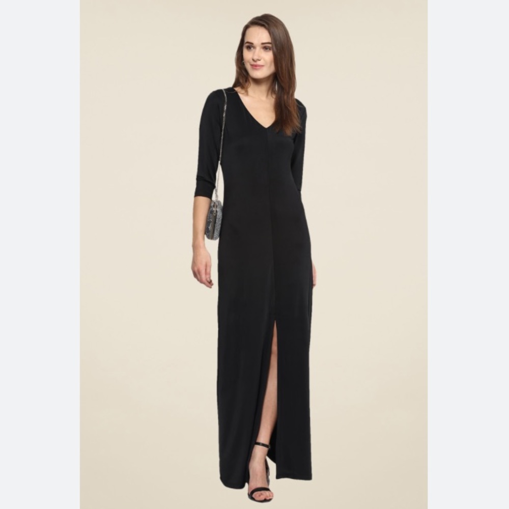 Harpa Silky Sexy Maxi Dress with Slit, Size Medium, Black